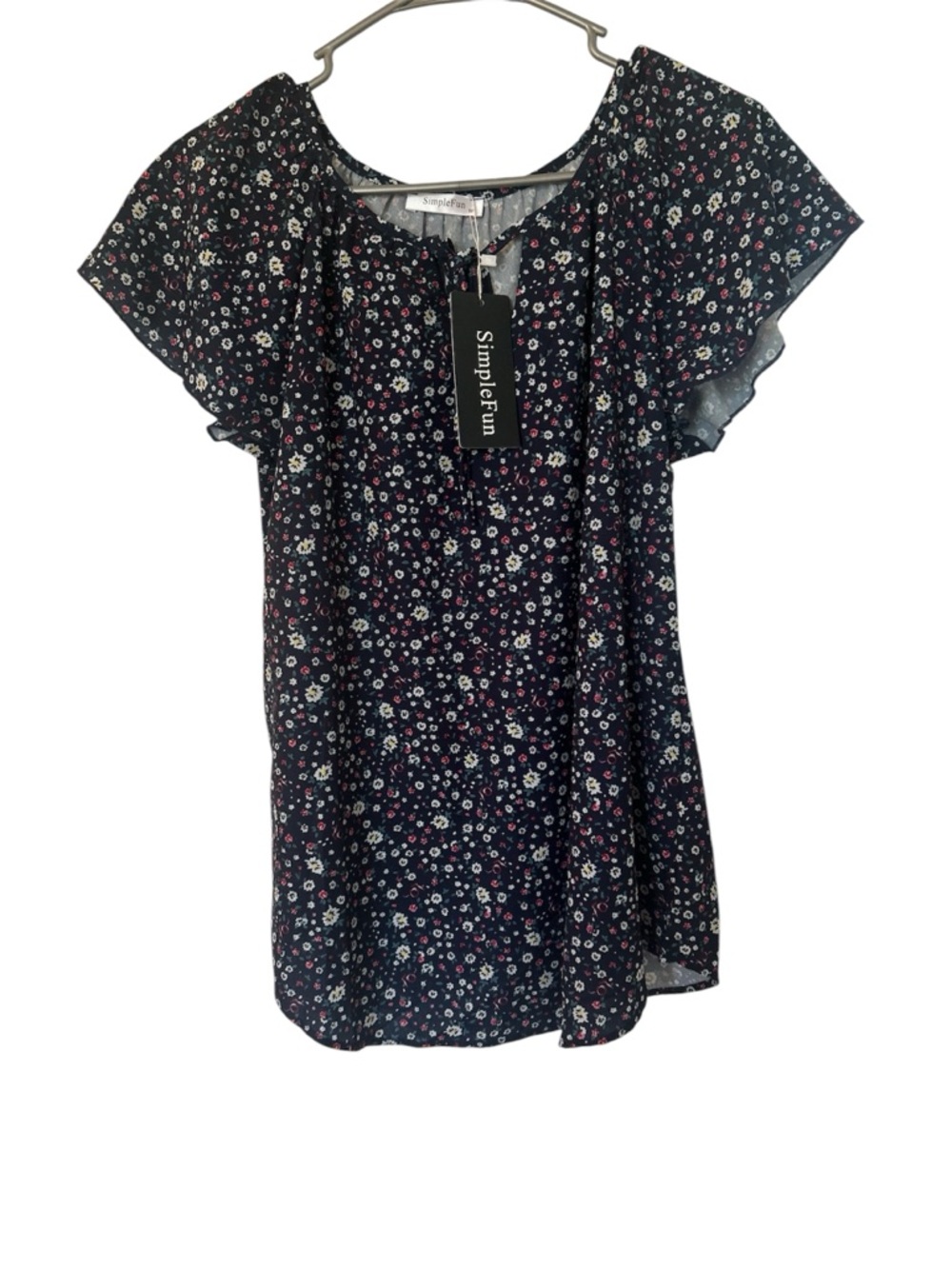 Simple Navy Ditsy‎ Floral Flutter-Sleeve Blouse